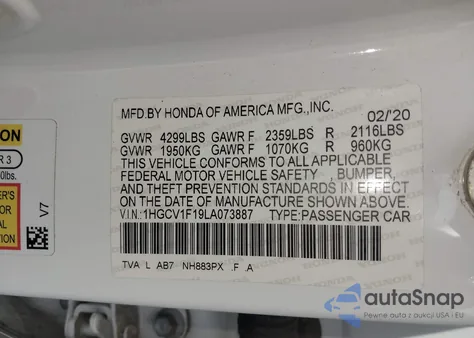 2020 Honda Accord Lx из США, поврежденный, VIN 1HGCV1F19LA073887